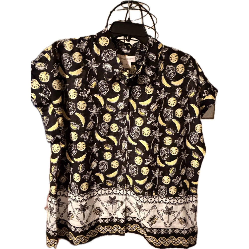 Allison Daley Womens Medium Black Cotton Tropical Fruit Lemon Banana Shirt NWT